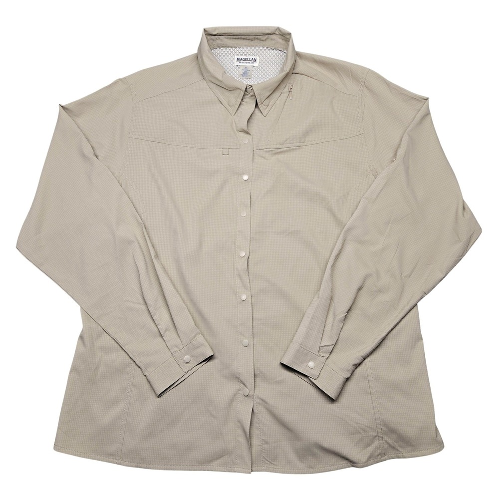 Magellan Sportswear Shirt Mens XL Beige Check Long Sleeve Button Up‎ UPF 30+